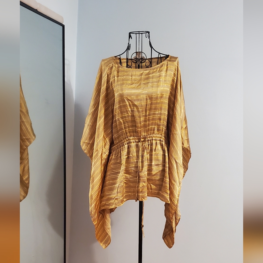 Women's Gold Striped Boxy Blouse with Drawstring Waist